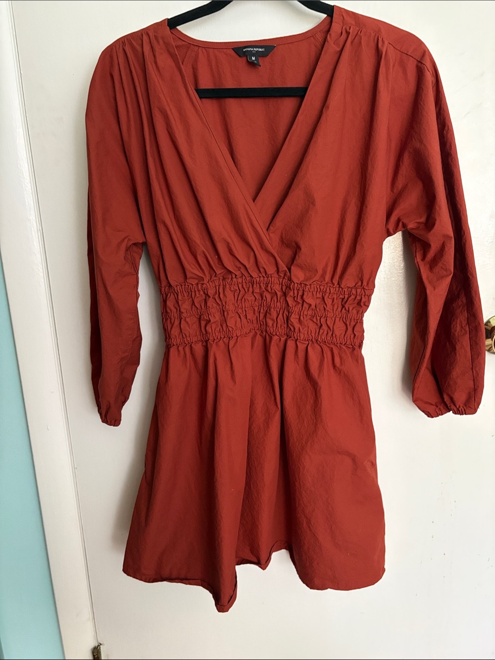 Banana Republic Rust Red Smocked-Waist, Balloon-Sleeved, Mini Dress